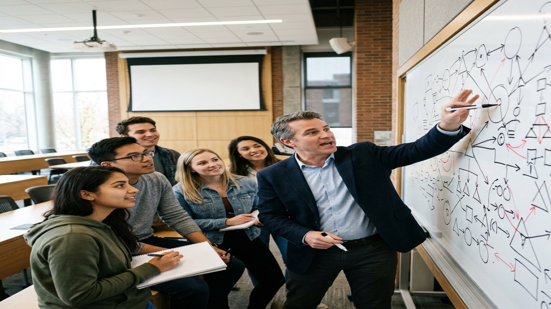 An instructor explaining concepts at a whiteboard to engaged students