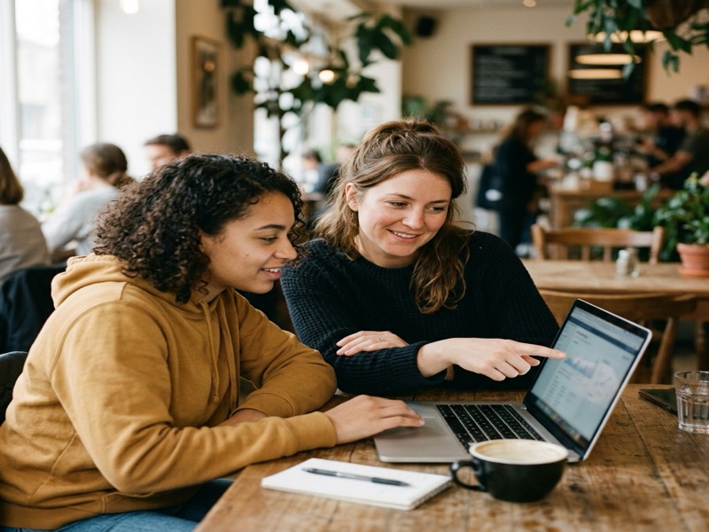 A mentor guiding a learner one-on-one over a shared laptop