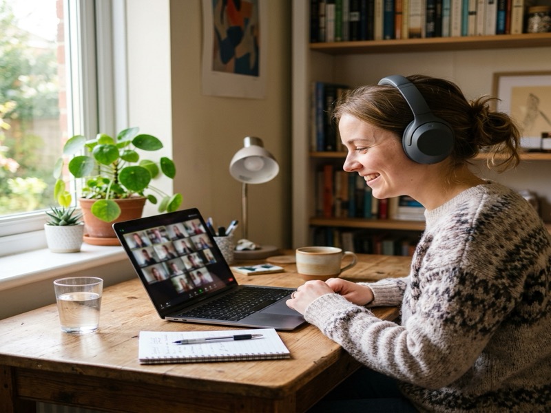 A person attending a live online class from a cozy home desk